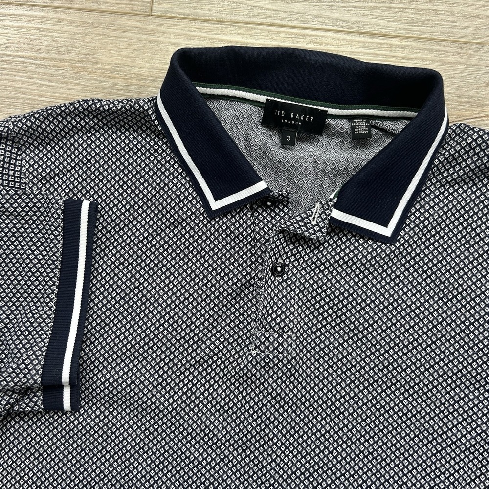 Ted Baker Size 3 Medium Geo Textured Polo Navy Short Sleeve Polo Shirt